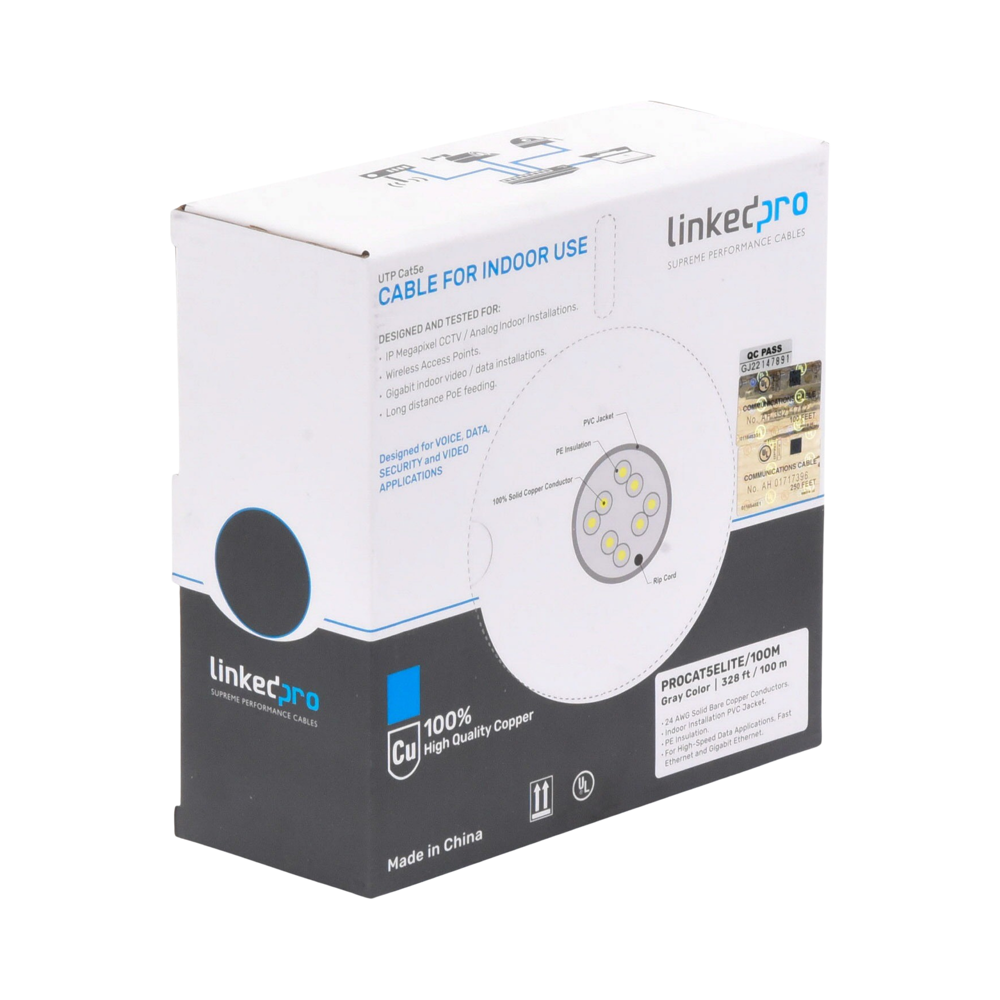 Bobina de cable de 100m, Cat5e, 24 AWG, color Gris, UL, para aplicaciones en videovigilancia, redes de datos. Uso Interior Bobina de cable de 100m, Cat5e, 24 AWG, color Gris, UL, para aplicaciones en videovigilancia, redes de datos. Uso Interior